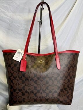 NWT - COACH Signature Logo City Tote Bag Reversible Coated Canvas Brown 1941 Red